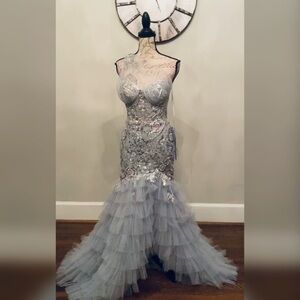 Sage green mermaid ruffle prom dress formal gown or nontraditional wedding dress